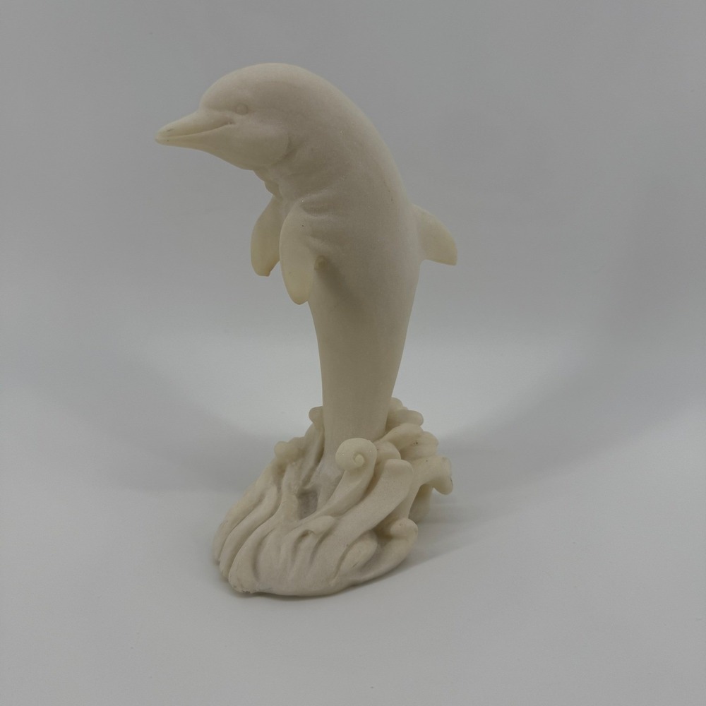Vintage Hand Carved Alabaster Dolphin Sculpture Figure Cream Coastal Ocean 7"